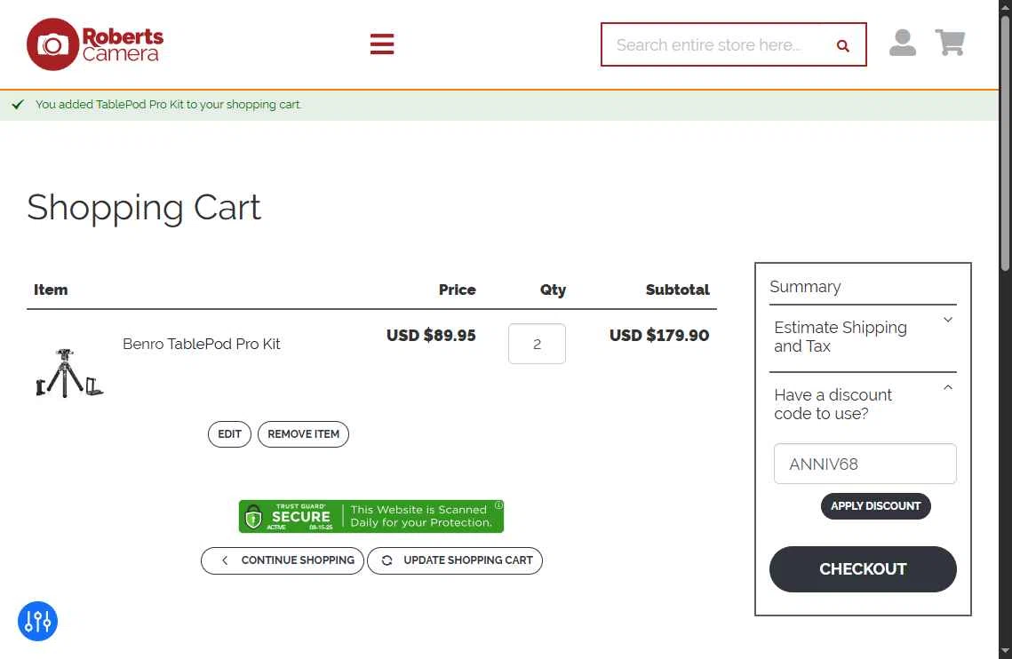 Roberts Camera checkout page showing Roberts Camera coupon code box | Screenshot taken by SimplyCodes community member on Aug 15, 2025