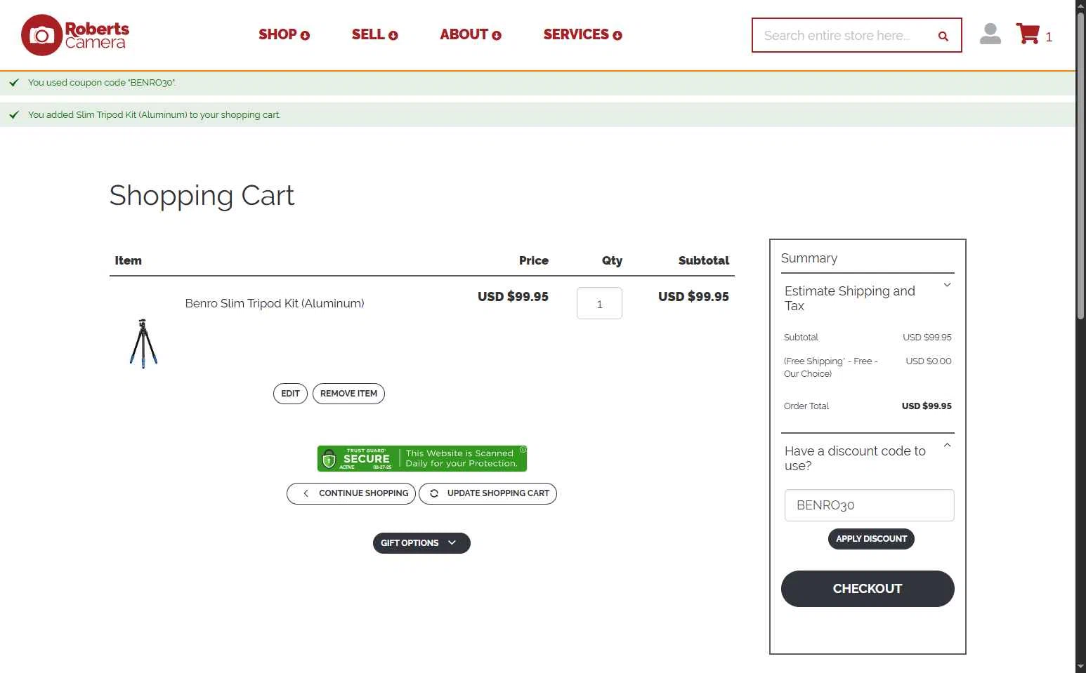Roberts Camera checkout page showing Roberts Camera coupon code box | Screenshot taken by SimplyCodes community member on Aug 27, 2025