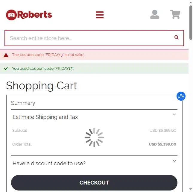 Roberts Camera checkout page showing Roberts Camera coupon code box | Screenshot taken by SimplyCodes community member on Jun 26, 2025
