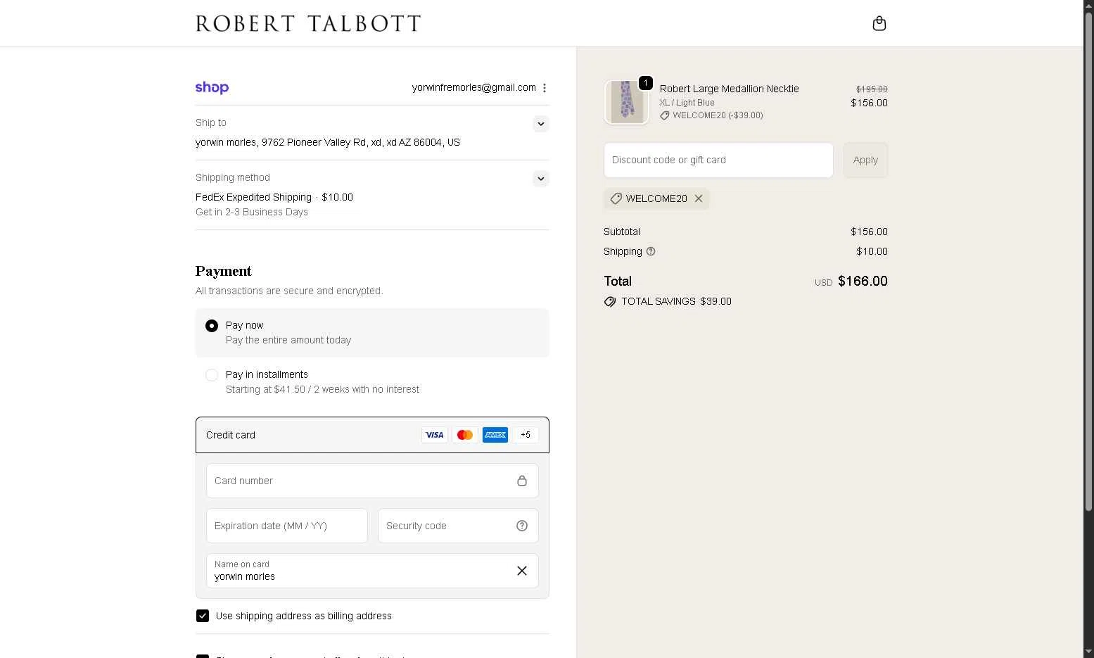 Robert Talbott checkout page showing Robert Talbott coupon code box | Screenshot taken by SimplyCodes community member on Nov 9, 2025