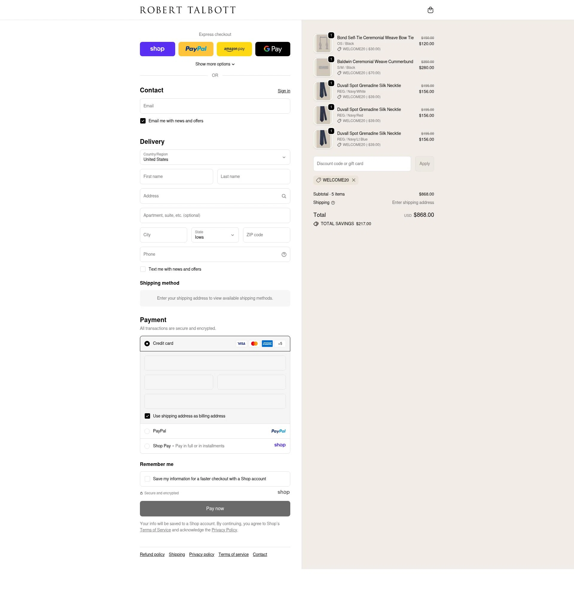Robert Talbott checkout page showing Robert Talbott coupon code box | Screenshot taken by SimplyCodes community member on Nov 20, 2025