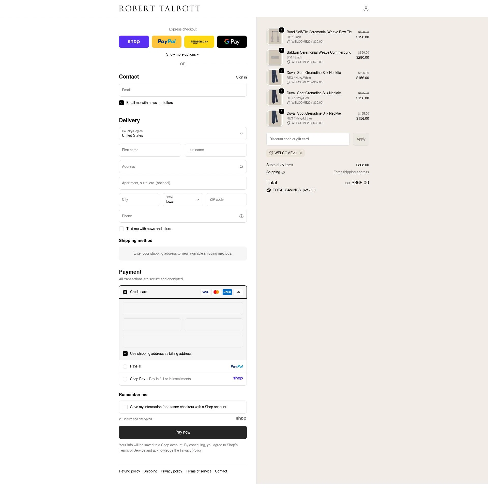 Robert Talbott checkout page showing Robert Talbott coupon code box | Screenshot taken by SimplyCodes community member on Nov 25, 2025