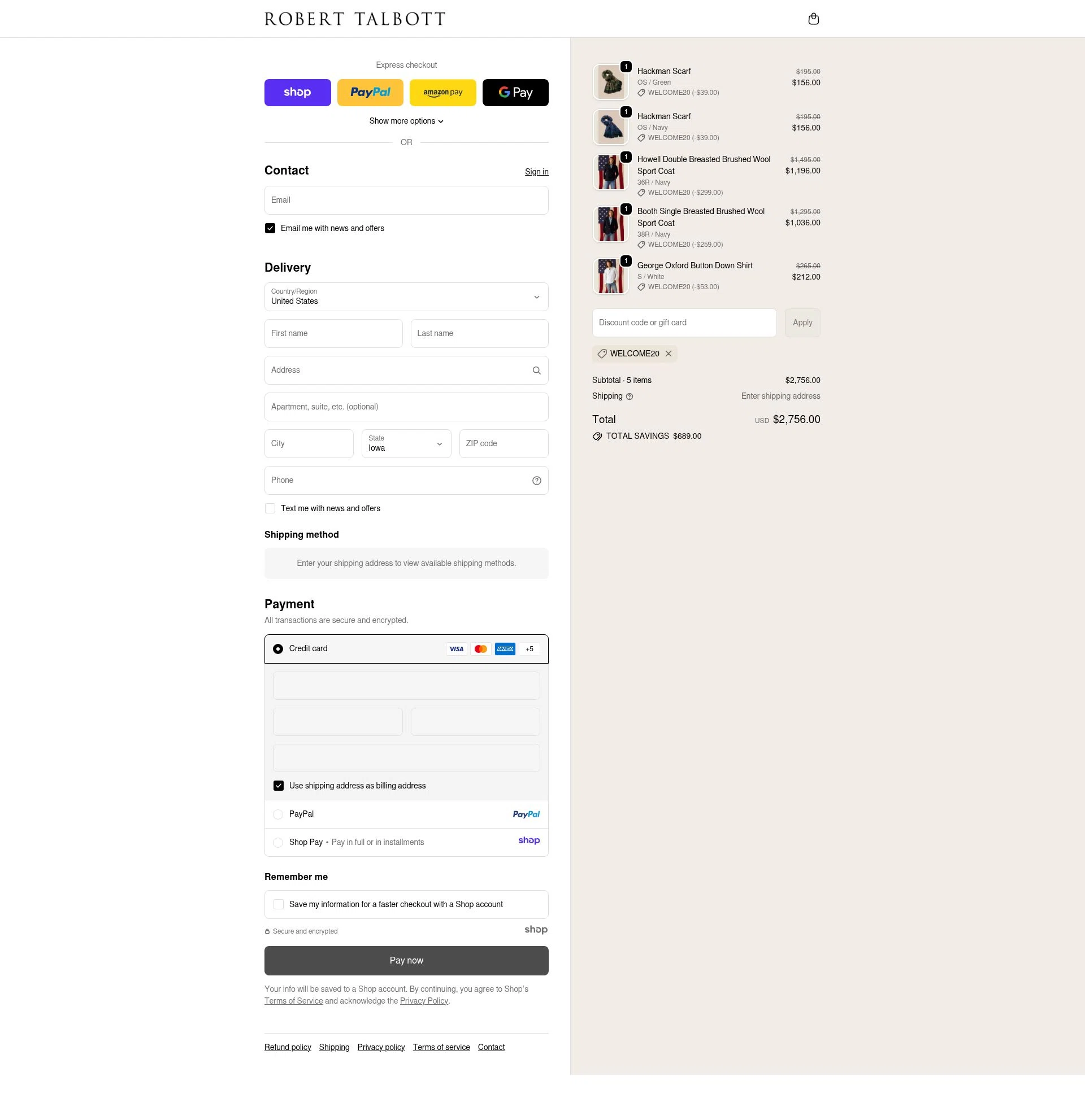 Robert Talbott checkout page showing Robert Talbott coupon code box | Screenshot taken by SimplyCodes community member on Nov 15, 2025