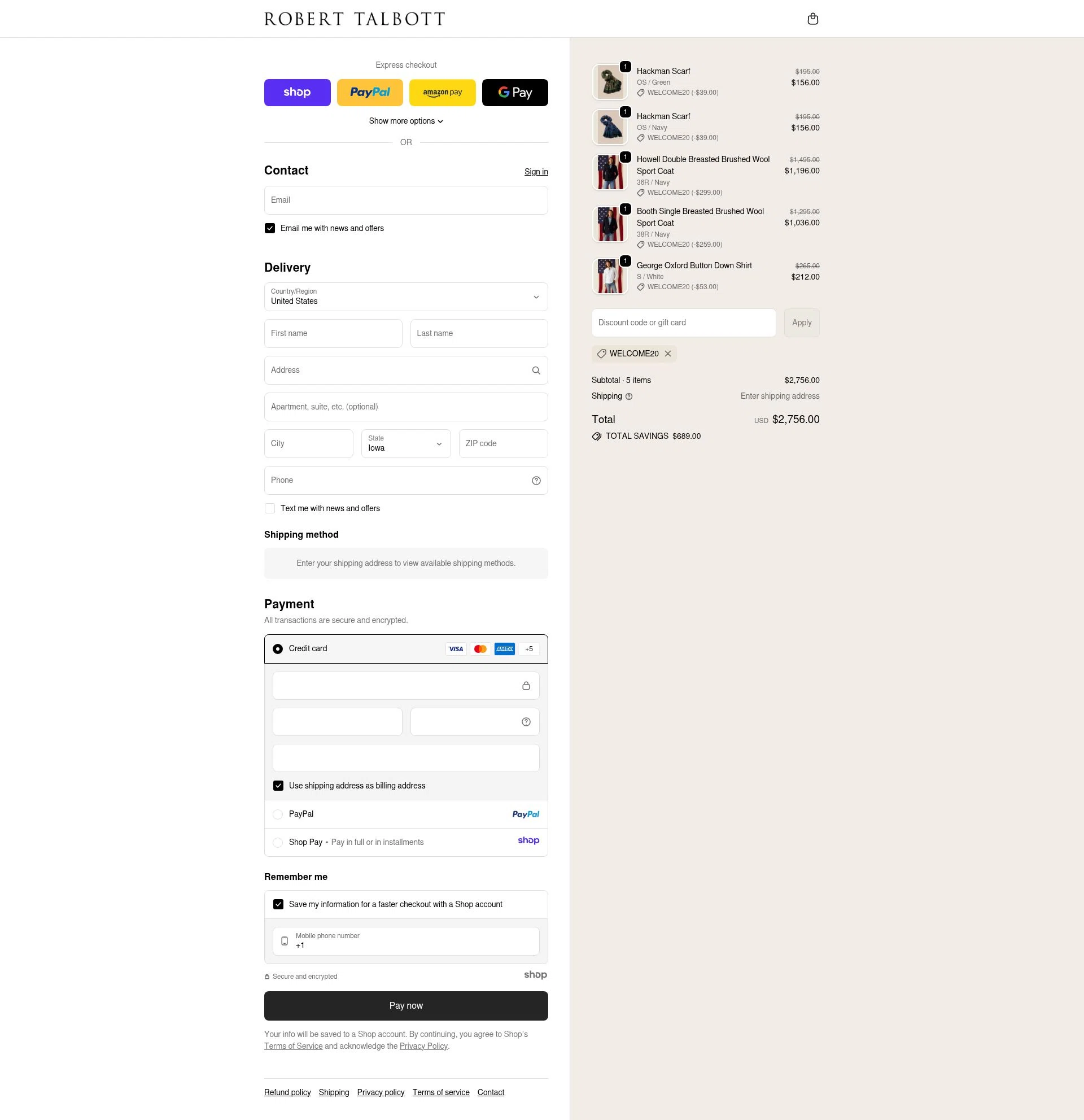 Robert Talbott checkout page showing Robert Talbott coupon code box | Screenshot taken by SimplyCodes community member on Nov 3, 2025