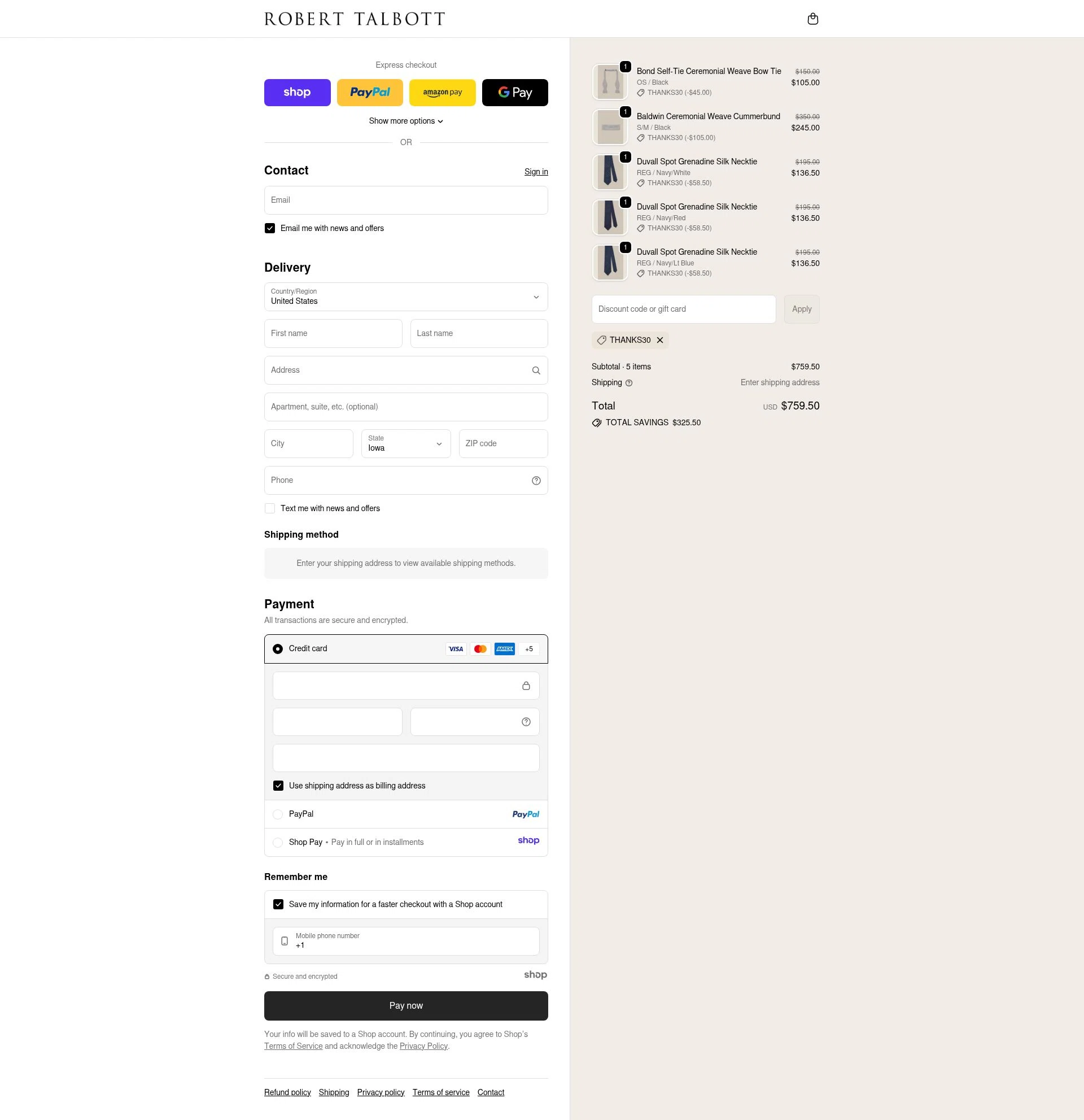Robert Talbott checkout page showing Robert Talbott coupon code box | Screenshot taken by SimplyCodes community member on Nov 25, 2025