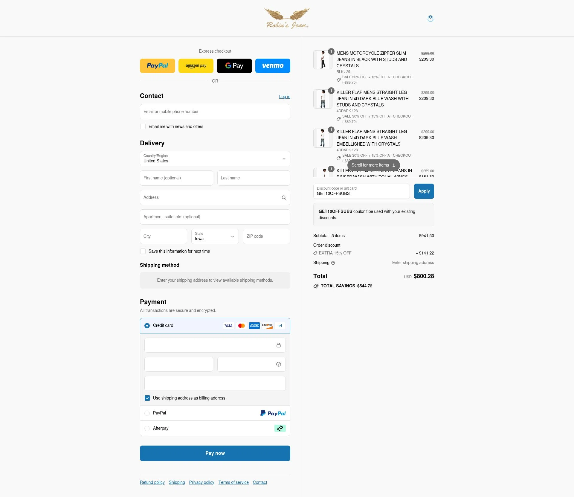 Robin's Jean checkout page showing Robin's Jean promo code box | Screenshot taken by SimplyCodes community member on Jul 26, 2025
