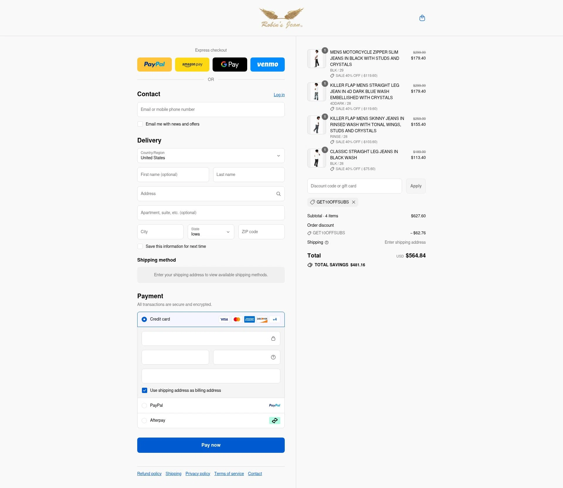 Robin's Jean checkout page showing Robin's Jean promo code box | Screenshot taken by SimplyCodes community member on Aug 29, 2025