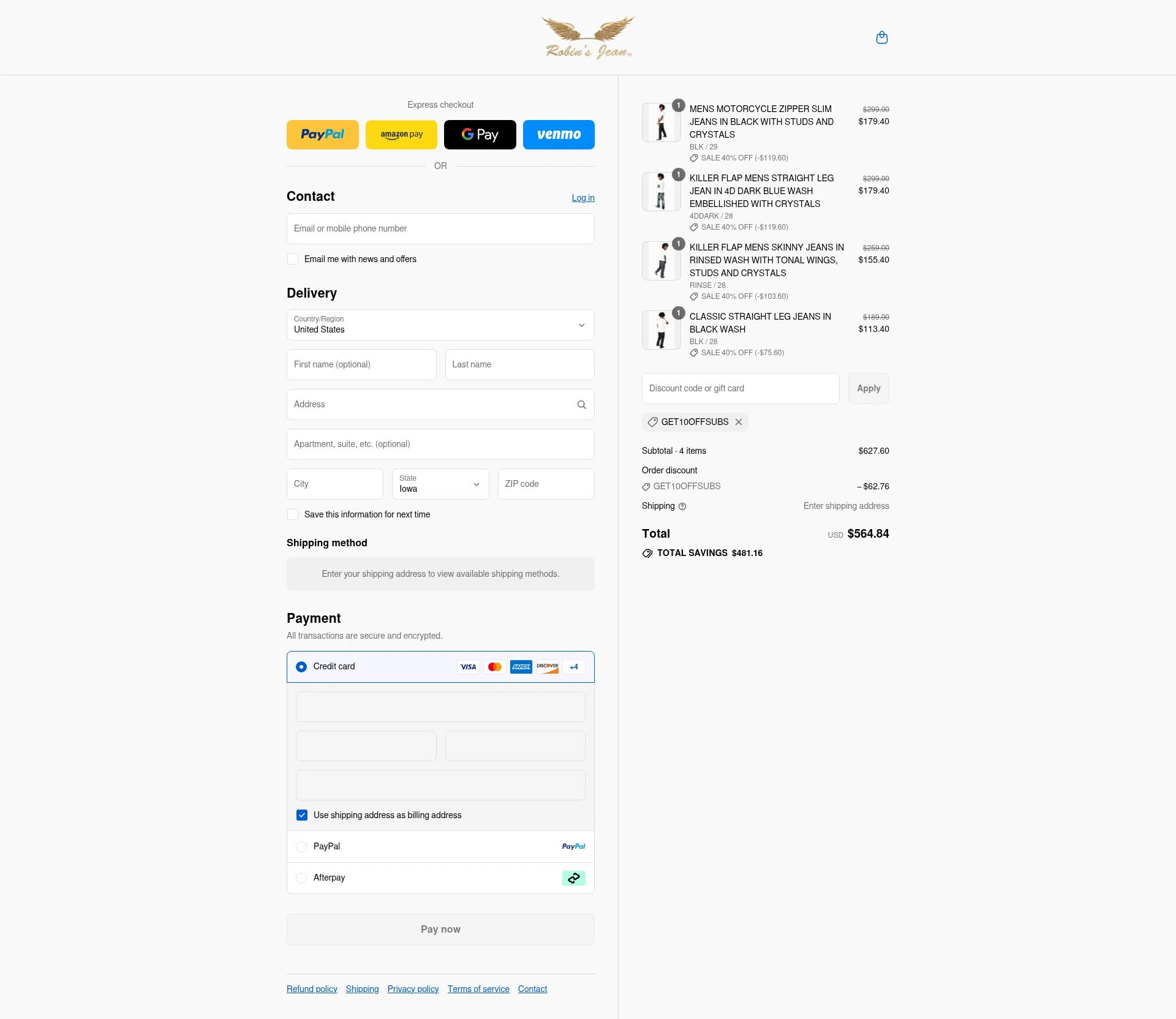 Robin's Jean checkout page showing Robin's Jean promo code box | Screenshot taken by SimplyCodes community member on Aug 15, 2025