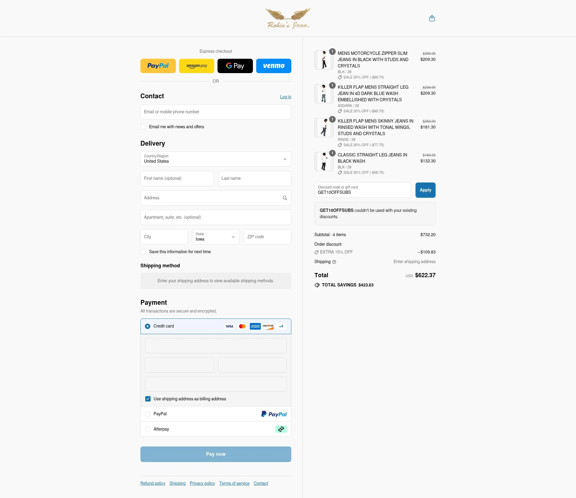 Robin's Jean checkout page showing Robin's Jean promo code box | Screenshot taken by SimplyCodes community member on Aug 7, 2025