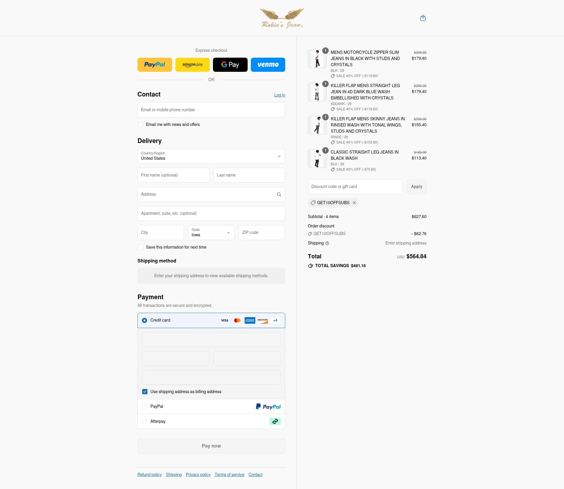 Robin's Jean checkout page showing Robin's Jean promo code box | Screenshot taken by SimplyCodes community member on Aug 11, 2025