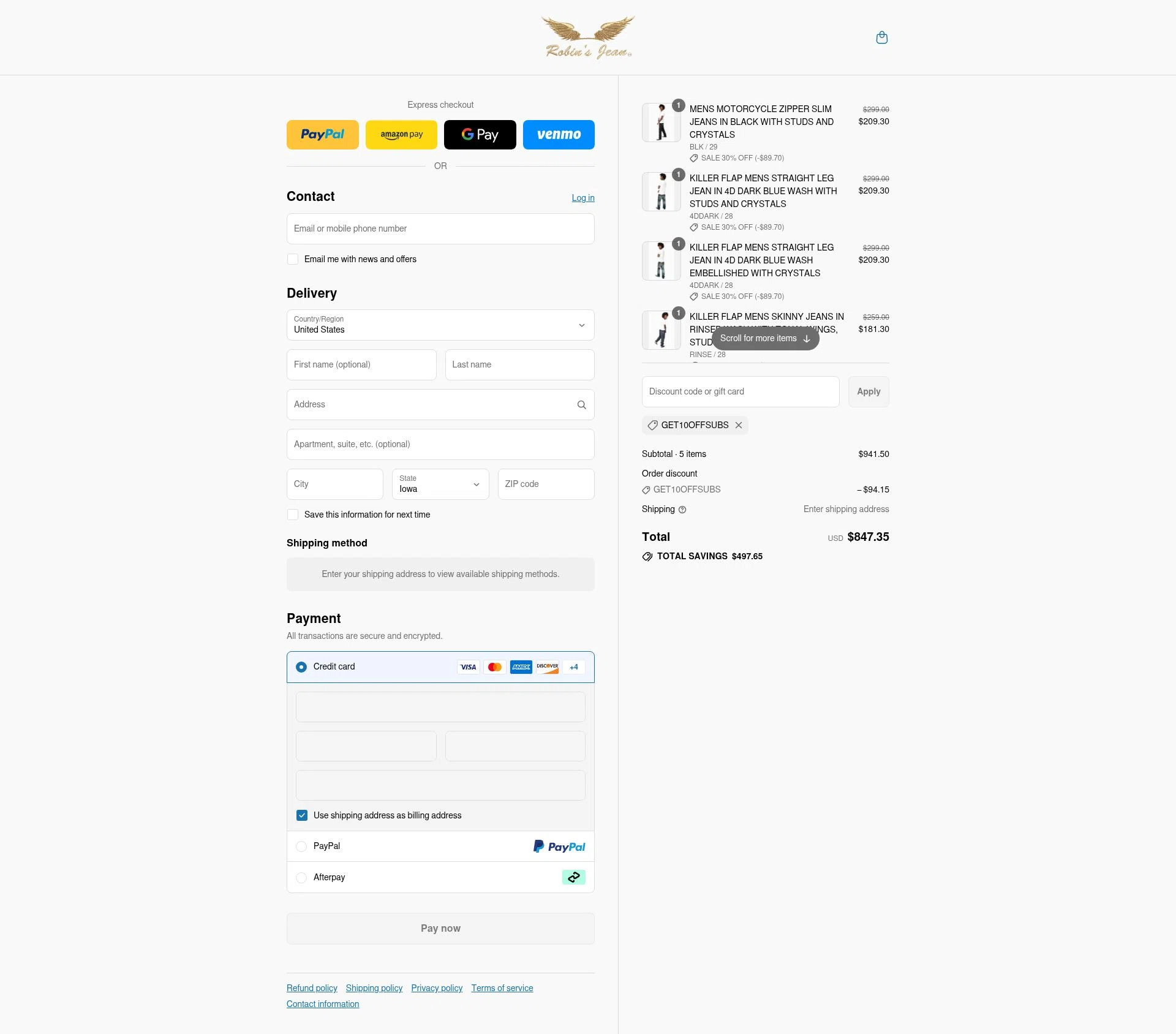 Robin's Jean checkout page showing Robin's Jean promo code box | Screenshot taken by SimplyCodes community member on Jul 21, 2025