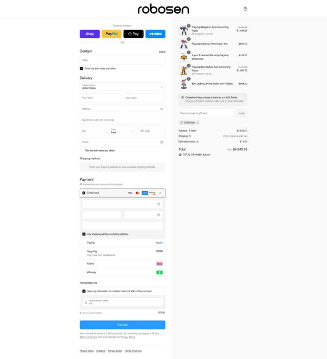 Robosen checkout page showing Robosen discount code box | Screenshot taken by SimplyCodes community member on Sep 9, 2025