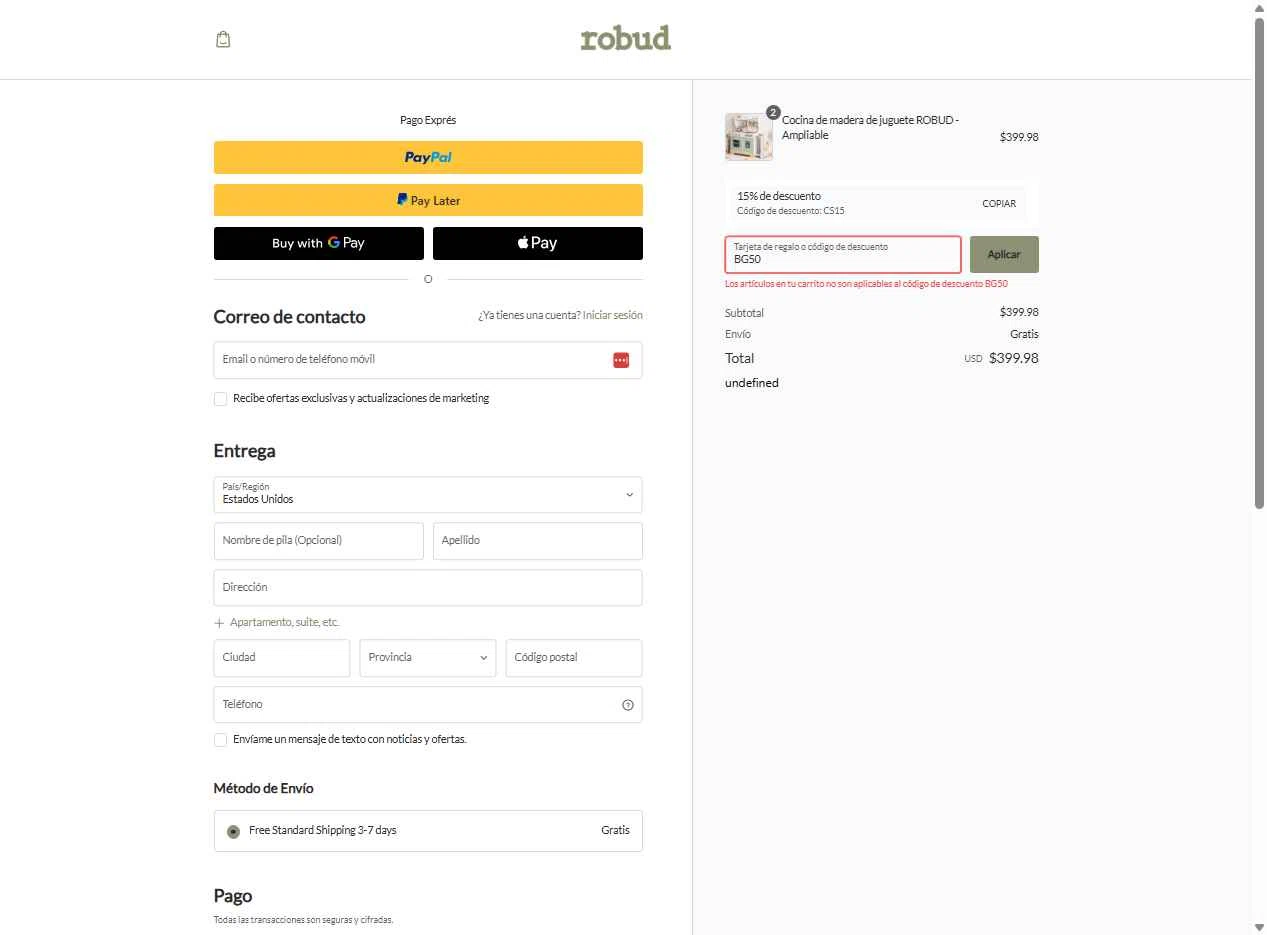 Robud checkout page showing Robud promo code box | Screenshot taken by SimplyCodes community member on Dec 16, 2025