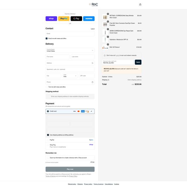 RoC Skincare checkout page showing RoC Skincare promo code box | Screenshot taken by SimplyCodes community member on Aug 30, 2025