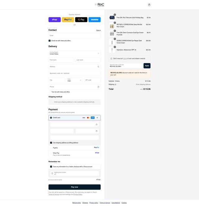 RoC Skincare checkout page showing RoC Skincare promo code box | Screenshot taken by SimplyCodes community member on Sep 12, 2025