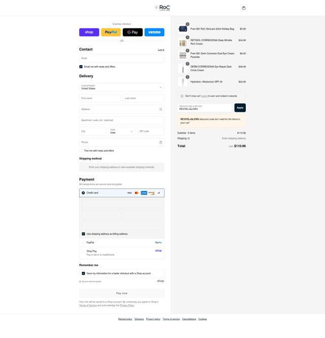 RoC Skincare checkout page showing RoC Skincare promo code box | Screenshot taken by SimplyCodes community member on Sep 8, 2025