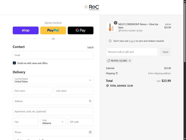 RoC Skincare checkout page showing RoC Skincare promo code box | Screenshot taken by SimplyCodes community member on Sep 4, 2025