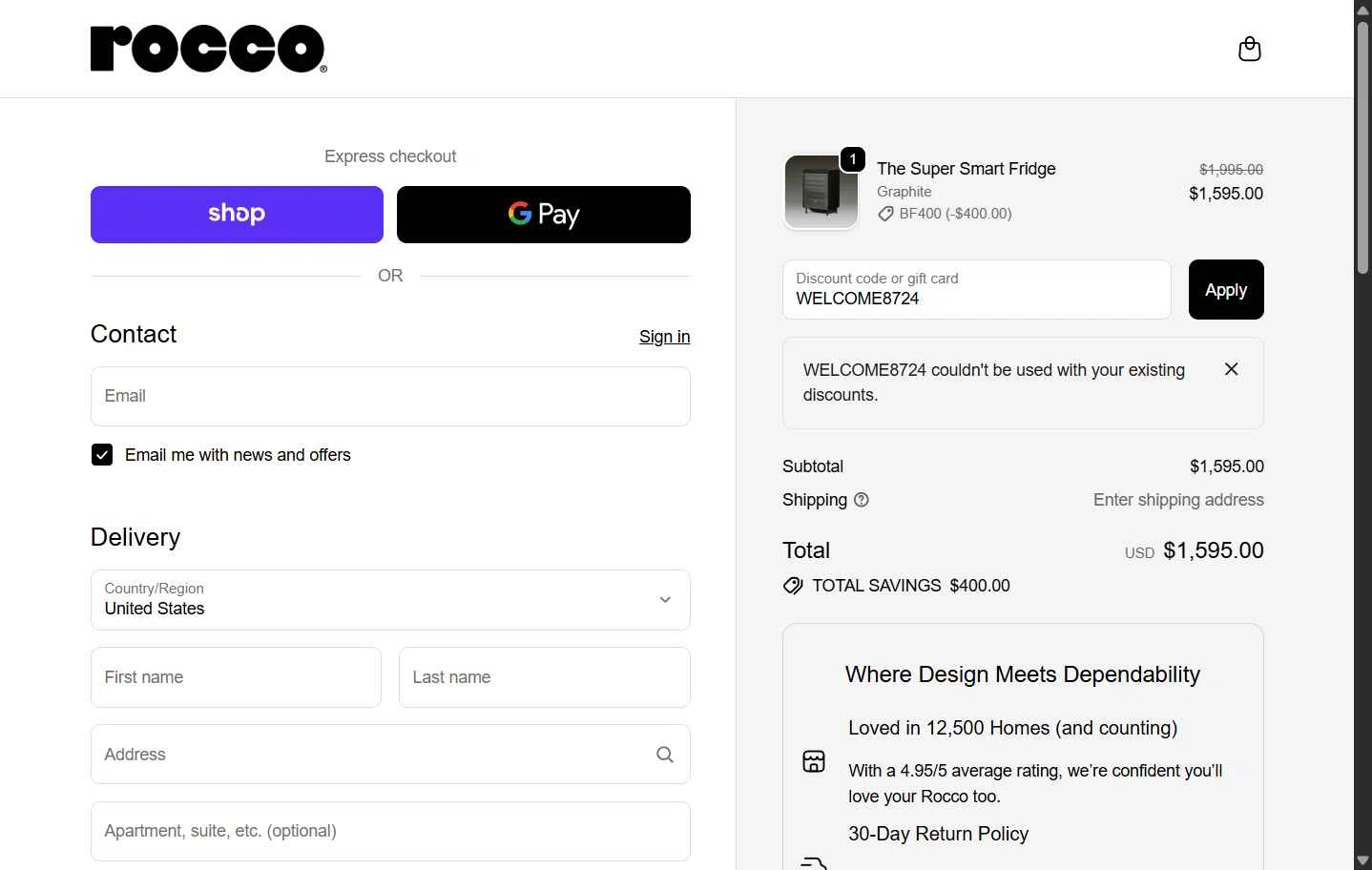 Rocco checkout page showing Rocco promo code box | Screenshot taken by SimplyCodes community member on Nov 13, 2025