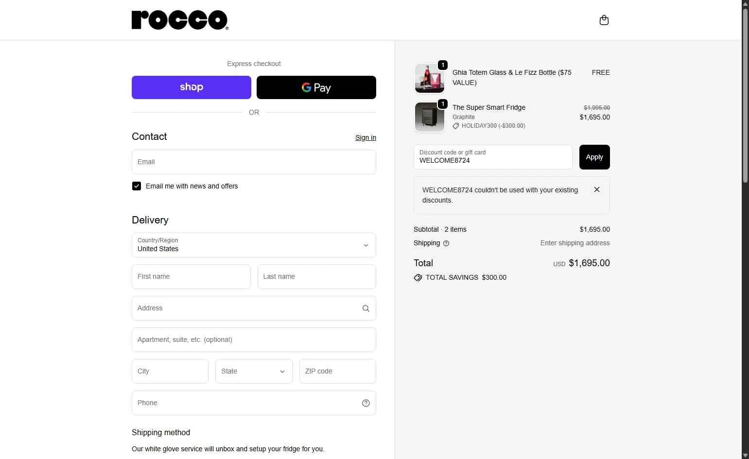 Rocco checkout page showing Rocco promo code box | Screenshot taken by SimplyCodes community member on Dec 12, 2025