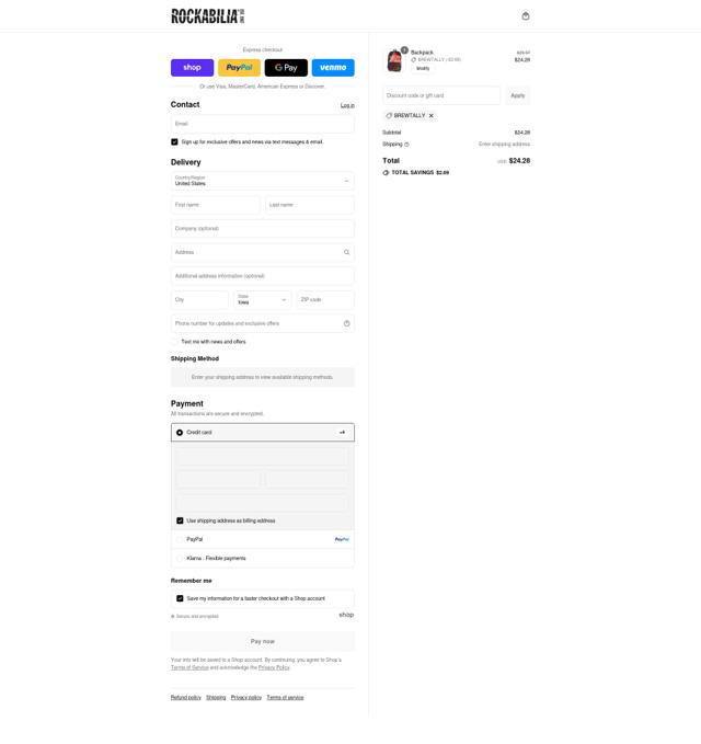 Rockabilia checkout page showing Rockabilia discount code box | Screenshot taken by SimplyCodes community member on Sep 9, 2025