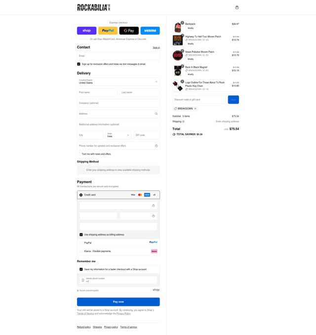 Rockabilia checkout page showing Rockabilia discount code box | Screenshot taken by SimplyCodes community member on Sep 12, 2025