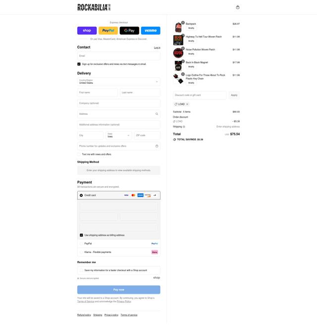 Rockabilia checkout page showing Rockabilia discount code box | Screenshot taken by SimplyCodes community member on Sep 8, 2025