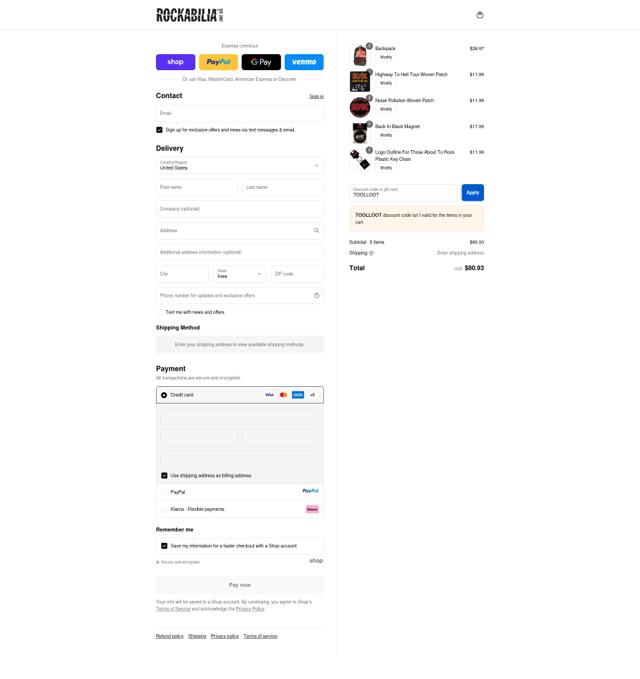 Rockabilia checkout page showing Rockabilia discount code box | Screenshot taken by SimplyCodes community member on Sep 12, 2025