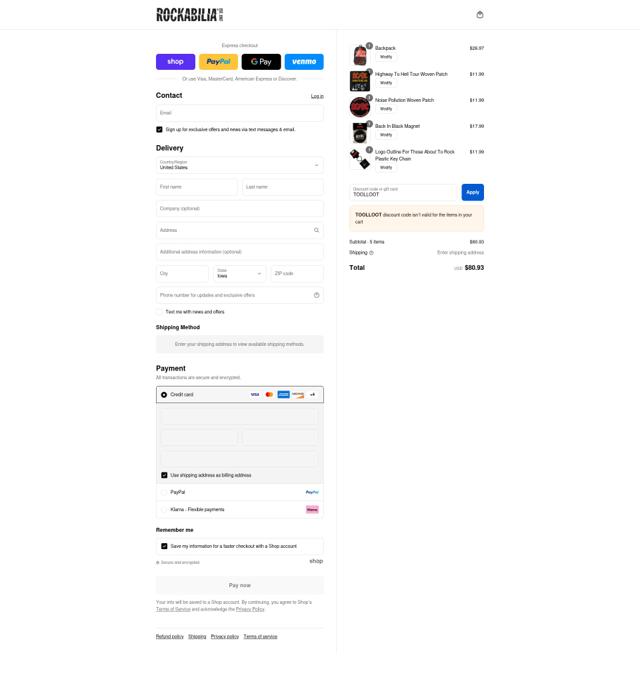Rockabilia checkout page showing Rockabilia discount code box | Screenshot taken by SimplyCodes community member on Sep 4, 2025