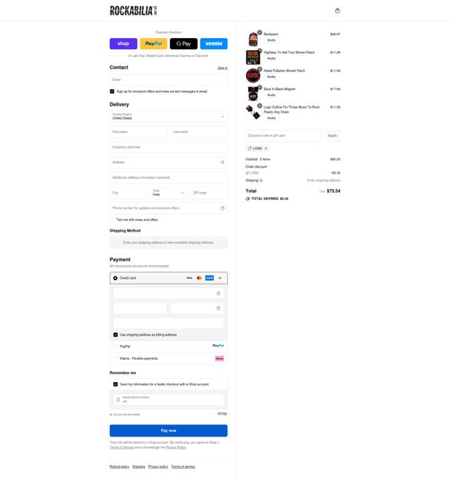 Rockabilia checkout page showing Rockabilia discount code box | Screenshot taken by SimplyCodes community member on Sep 12, 2025