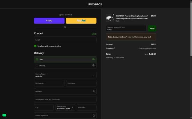 Rockbros checkout page showing Rockbros promo code box | Screenshot taken by SimplyCodes community member on Sep 7, 2025