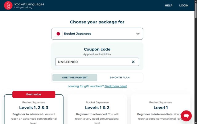Rocket Languages checkout page showing Rocket Languages discount code box | Screenshot taken by SimplyCodes community member on Jul 17, 2025