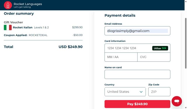 Rocket Languages checkout page showing Rocket Languages discount code box | Screenshot taken by SimplyCodes community member on Jul 24, 2025