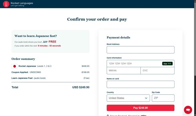 Rocket Languages checkout page showing Rocket Languages discount code box | Screenshot taken by SimplyCodes community member on Jul 17, 2025