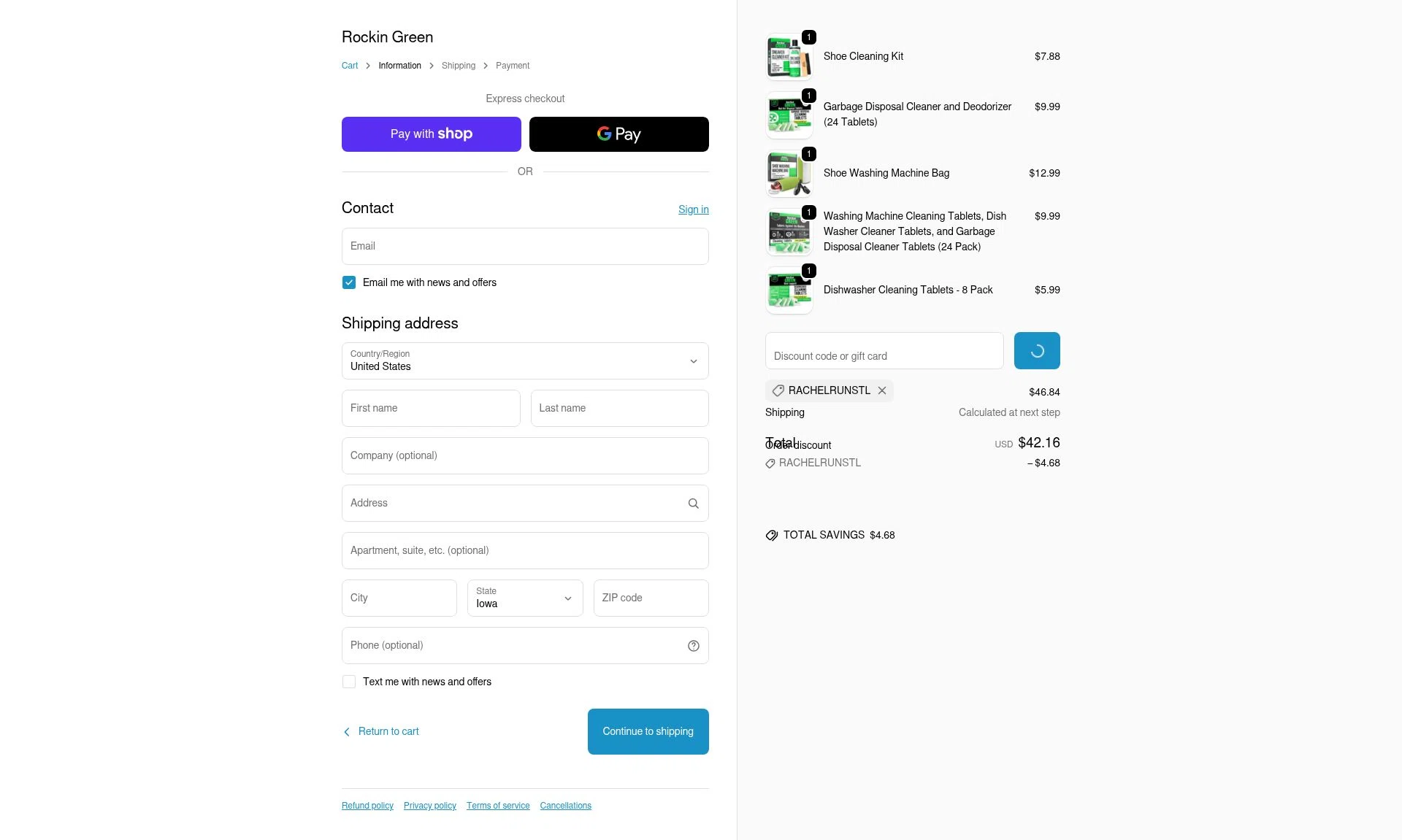 Rockin' Green checkout page showing Rockin' Green discount code box | Screenshot taken by SimplyCodes community member on Jan 7, 2026