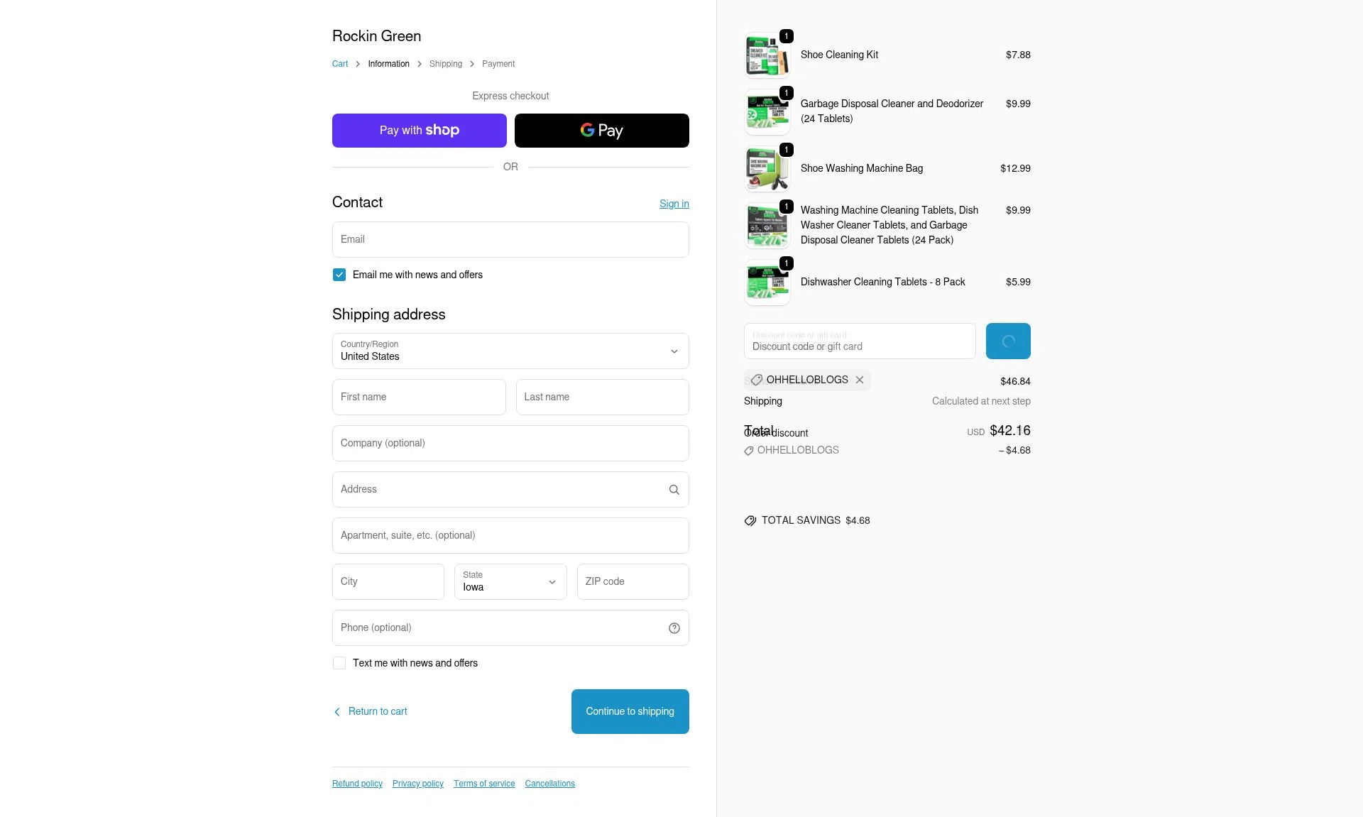 Rockin' Green checkout page showing Rockin' Green discount code box | Screenshot taken by SimplyCodes community member on Jan 7, 2026