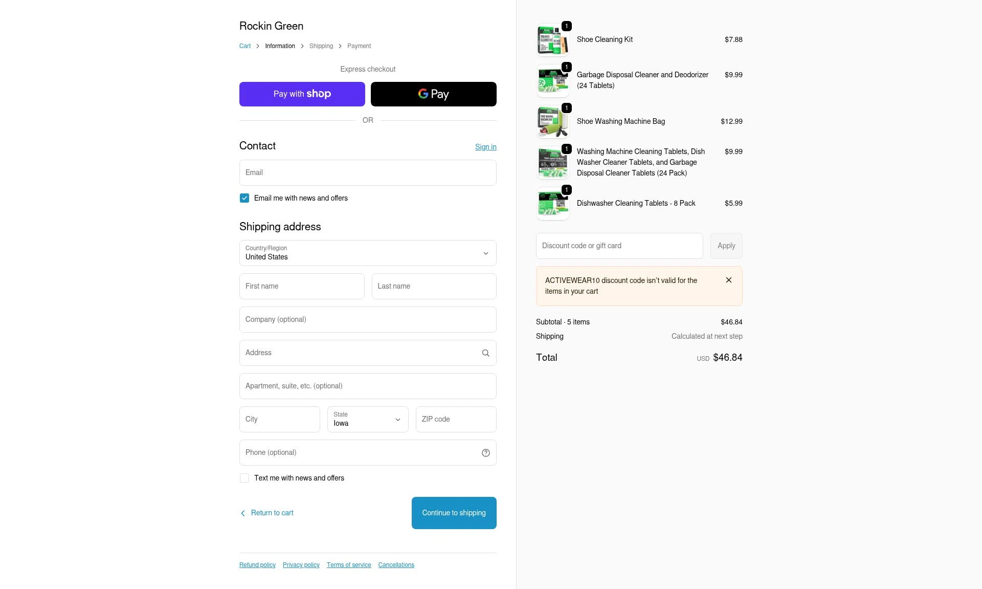 Rockin' Green checkout page showing Rockin' Green discount code box | Screenshot taken by SimplyCodes community member on Jan 7, 2026