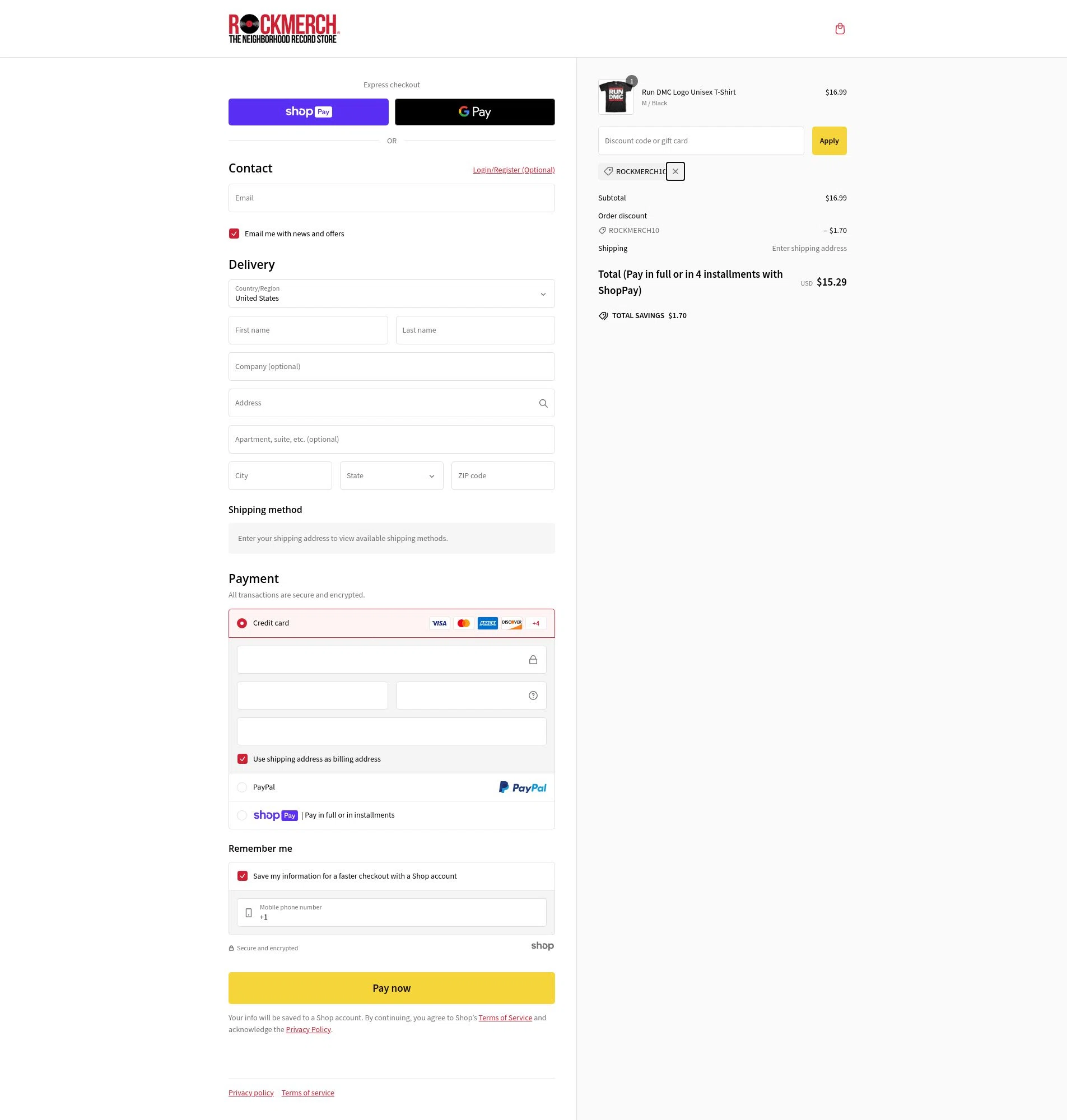 Rock Merch checkout page showing Rock Merch discount code box | Screenshot taken by SimplyCodes community member on Dec 13, 2024