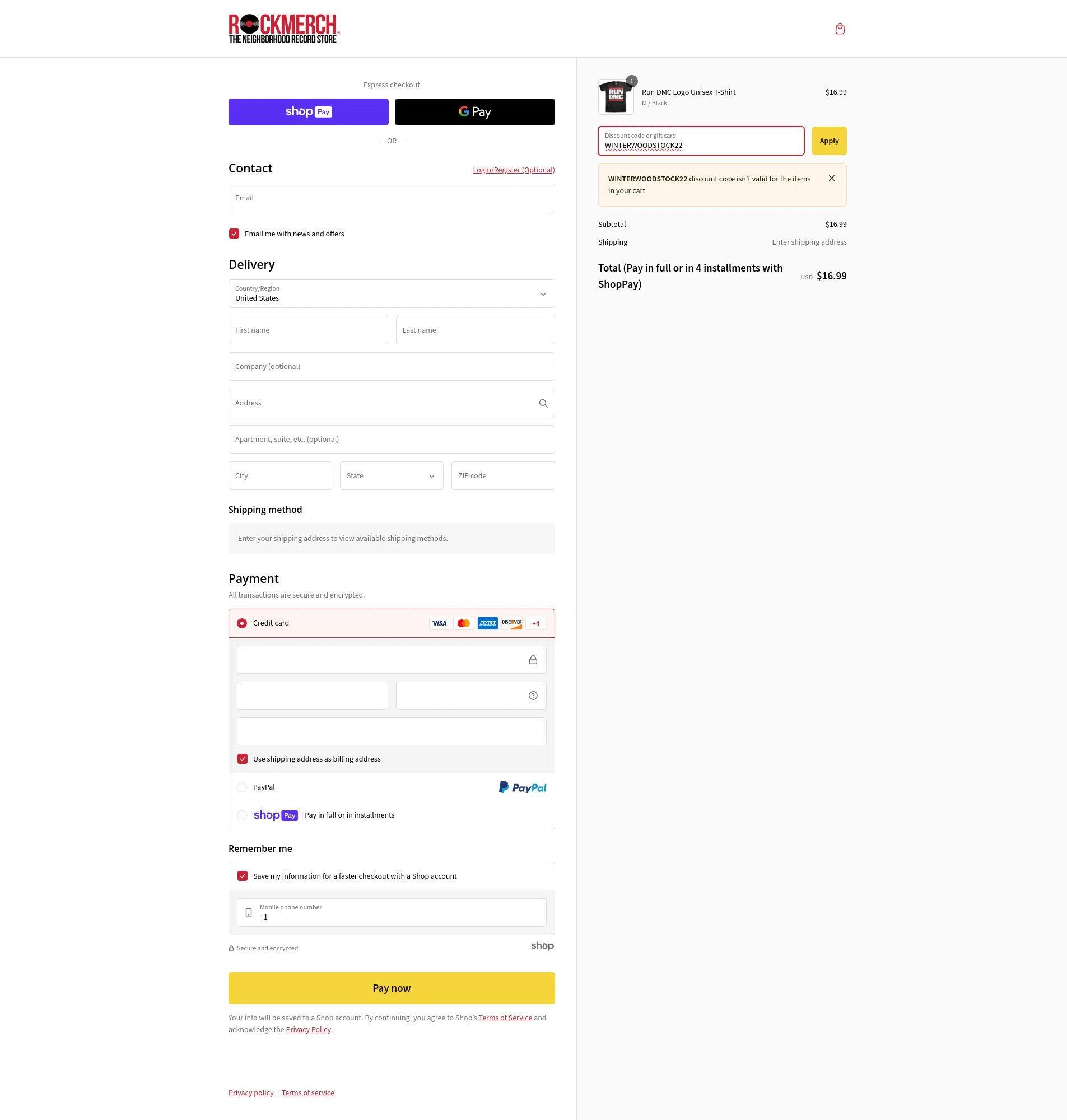 Rock Merch checkout page showing Rock Merch discount code box | Screenshot taken by SimplyCodes community member on Dec 13, 2024