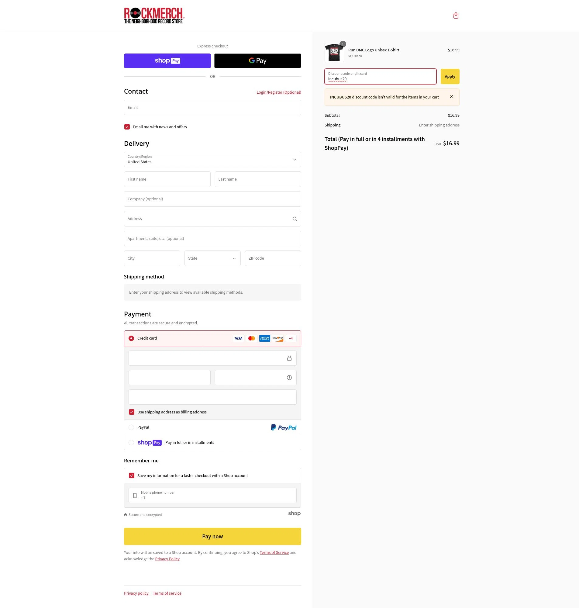 Rock Merch checkout page showing Rock Merch discount code box | Screenshot taken by SimplyCodes community member on Dec 13, 2024