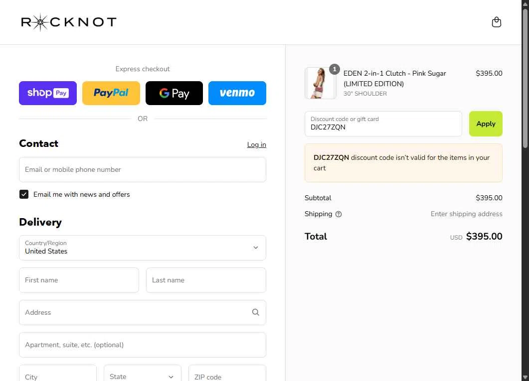 ROCKNOT checkout page showing ROCKNOT coupon code box | Screenshot taken by SimplyCodes community member on Aug 14, 2025