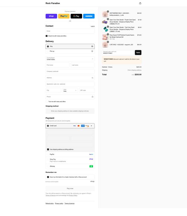 Rock Paradise checkout page showing Rock Paradise discount code box | Screenshot taken by SimplyCodes community member on Sep 8, 2025