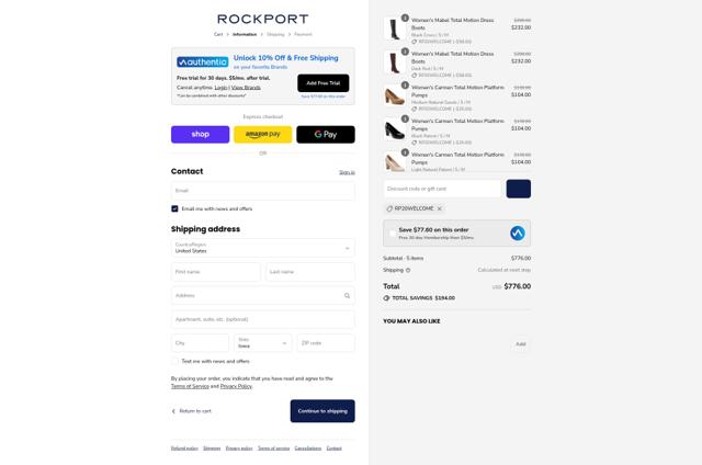 Rockport checkout page showing Rockport promo code box | Screenshot taken by SimplyCodes community member on Sep 12, 2025