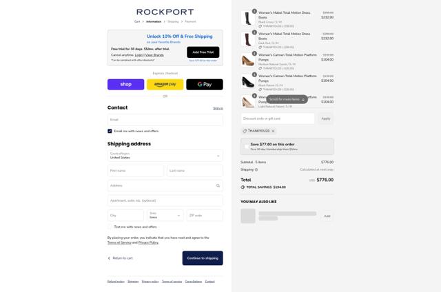 Rockport checkout page showing Rockport promo code box | Screenshot taken by SimplyCodes community member on Sep 12, 2025
