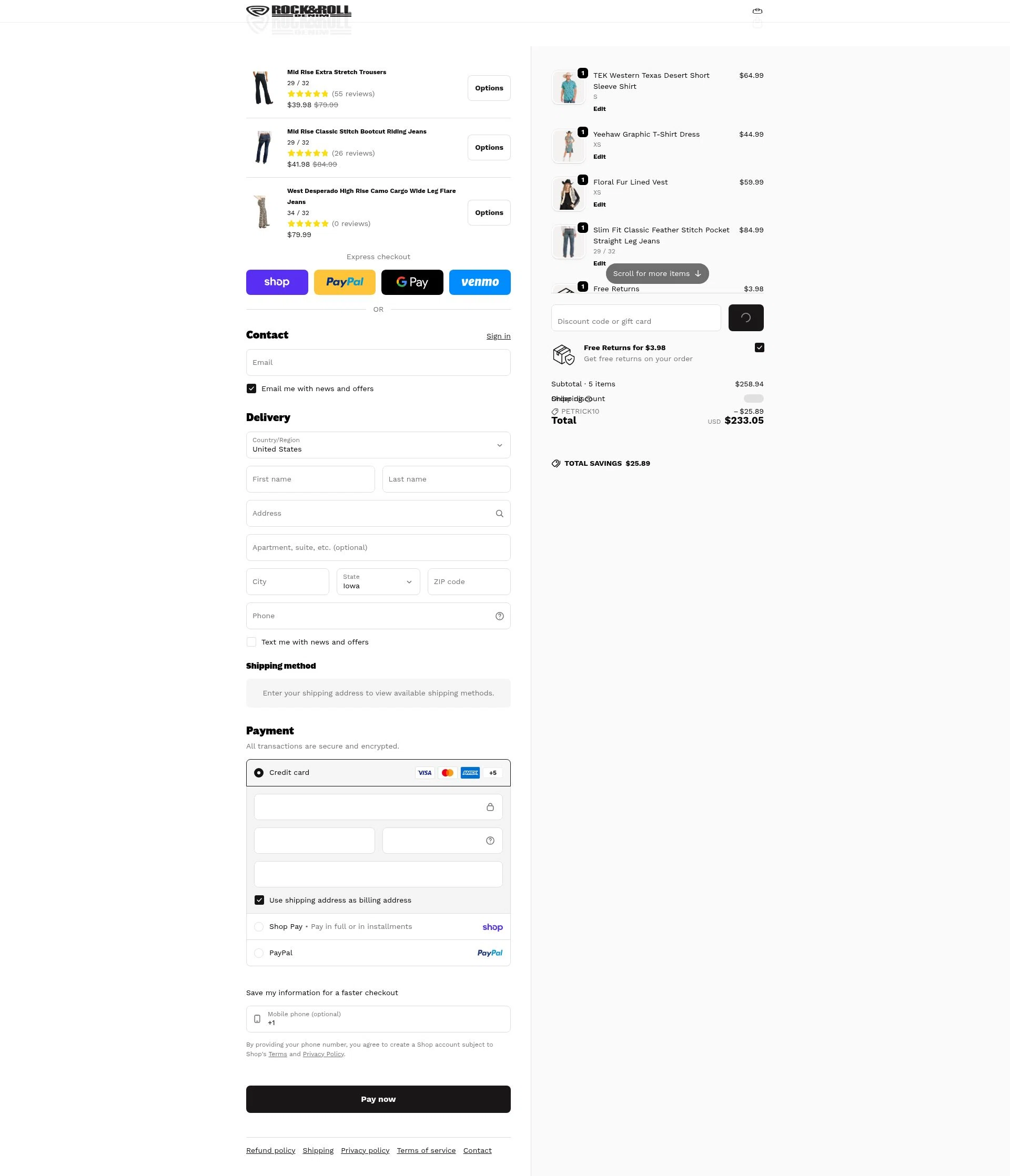 Rock & Roll Denim checkout page showing Rock & Roll Denim coupon code box | Screenshot taken by SimplyCodes community member on Feb 15, 2026