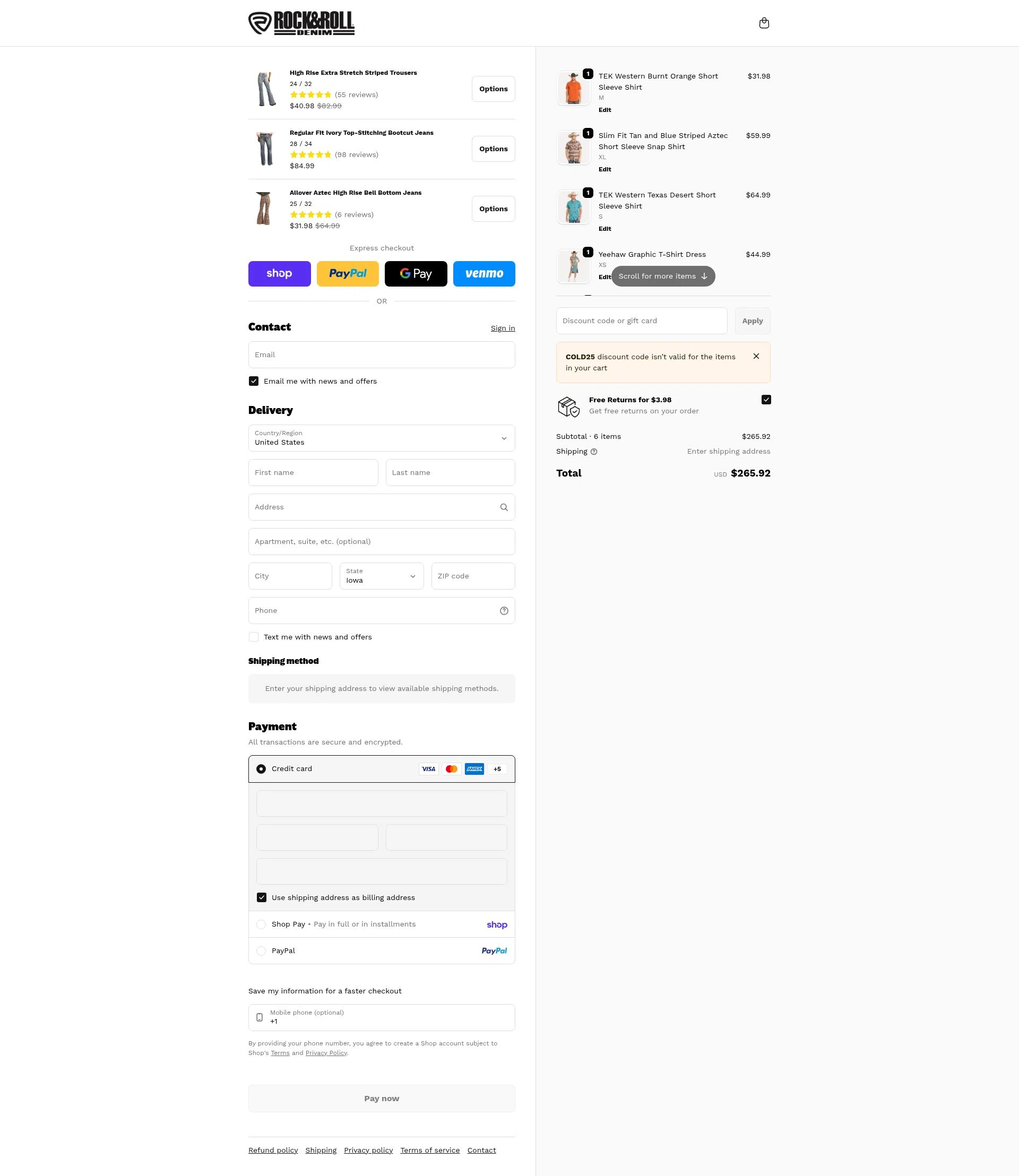 Rock & Roll Denim checkout page showing Rock & Roll Denim coupon code box | Screenshot taken by SimplyCodes community member on Feb 20, 2026