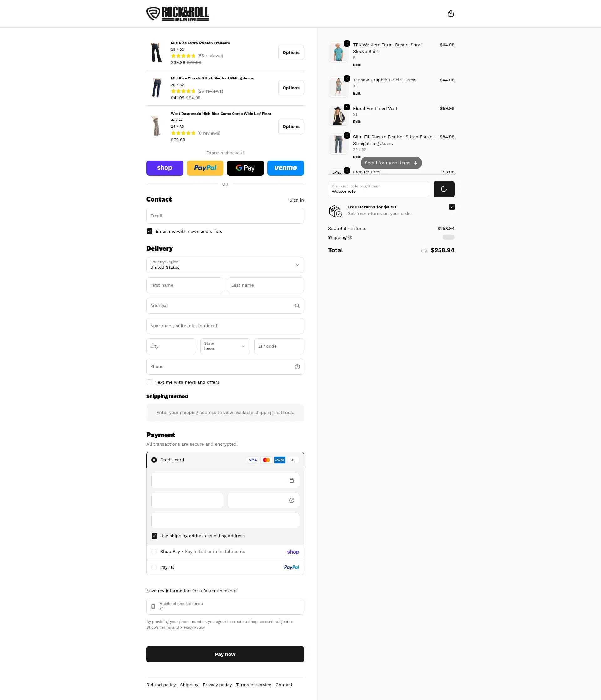Rock & Roll Denim checkout page showing Rock & Roll Denim coupon code box | Screenshot taken by SimplyCodes community member on Feb 15, 2026