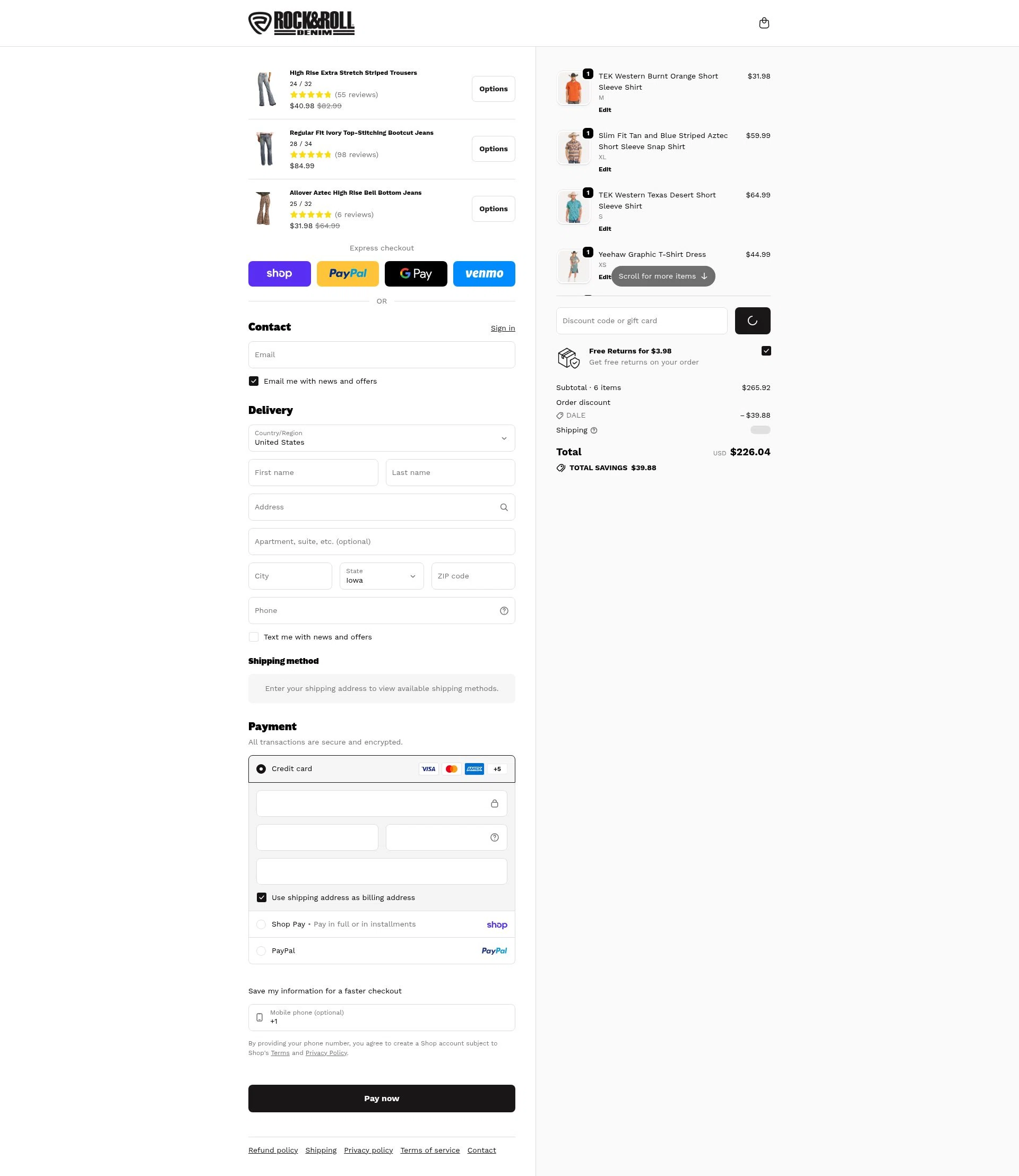 Rock & Roll Denim checkout page showing Rock & Roll Denim coupon code box | Screenshot taken by SimplyCodes community member on Feb 20, 2026