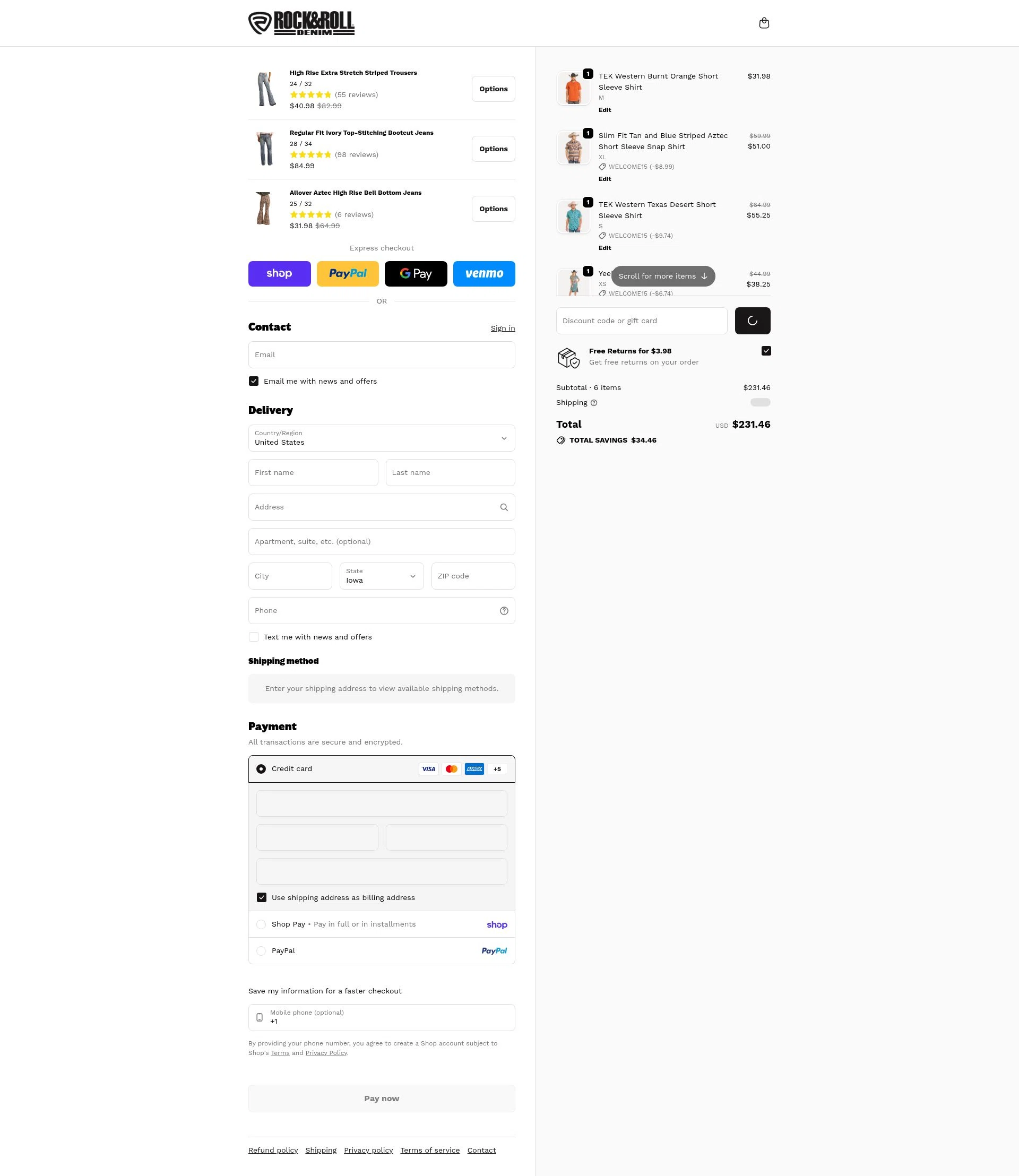 Rock & Roll Denim checkout page showing Rock & Roll Denim coupon code box | Screenshot taken by SimplyCodes community member on Feb 20, 2026