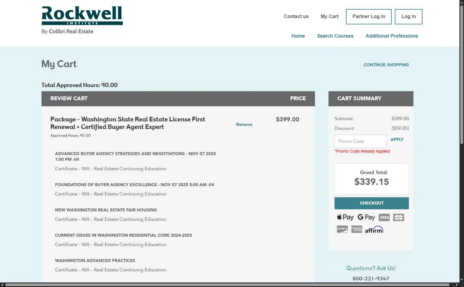 Rockwell Institute checkout page showing Rockwell Institute promo code box | Screenshot taken by SimplyCodes community member on Oct 29, 2025