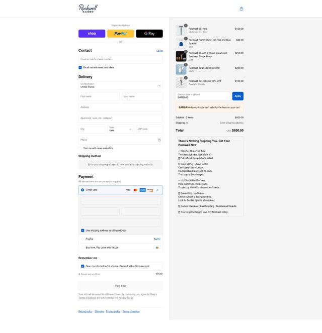Rockwell Razors checkout page showing Rockwell Razors discount code box | Screenshot taken by SimplyCodes community member on Sep 4, 2025